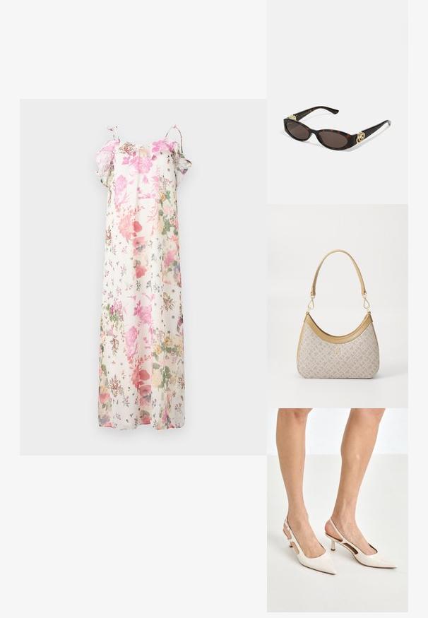 Maxikleid mit floralen Mustern in Pastellrosa, Grün und Lila auf weißem Hintergrund. Leicht, mit Rüscheärmel und verstellbaren Trägern.; Beige Lackleder Slingback-Absätze mit spitzem Fuß und 5 cm Absatz, mit ausgeschnittenen Seiten und einem schmalen Knöchelriemen.; Schildpatt-Sonnenbrille mit länglich-ovalen Gläsern, braunem Farbton, goldenen Logo-Akzenten an den Bügeln und schlanken schwarzen Bügeln.; Beige gemusterte Handtasche mit geschwungener Form, Lederakzenten und einem goldfarbenen Logo auf der Vorderseite. Verfügt über einen kurzen Griff für einfaches Tragen.