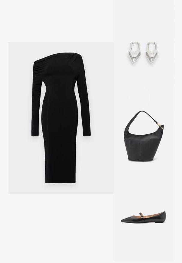 Juodas, ilgas suknelė su vienu petimi. Pagaminta iš lygaus audinio, siauras siluetas, su subtiliais raukiniais ant peties.; Juodos odinės baleto bateliai su smailiu pirštu ir šoniniu dirželiu, papuoštu apvaliu auksiniu akcentu. Lengvi su plokščiu padu.; Juodas odinis moterų rankinės su apvalia forma, plačiu dirželiu ir tekstūruotu paviršiumi. Yra subtilus siūlės detalizavimas ir auksinės spalvos aparatūra.; Sidabrinės širdelės formos užraktai su išgraviruotais žodžiais "TAIP" ir "NE", poliruotas paviršius, simetriškas dizainas ir tvirtas metalinis užraktas.