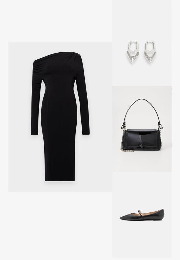 Musto, pikad varrukad kleit ühe õla disainiga. Valmistatud siledast kangast, kitsa lõikega, featuring peen volditud detail õlal.; Musthave mustanahkased balletkingad terava varbaga ja külgrihmaga, millel on ümmargune kuldne aksessuaar. Kerged ja tasase tallaga.; Mustmust mustkott mustmust mustkott, millel on ristkülikukujuline kuju, kettstrap ja silmapaistev viimistlusaktsent keskel. Sile tekstuur.; Hõbedased südamekujulised lukuvidinad, millel on kohandatud "JAA" ja "EI" tekst, poleeritud viimistlus, sümmeetriline disain ja tugev metallist klamber.