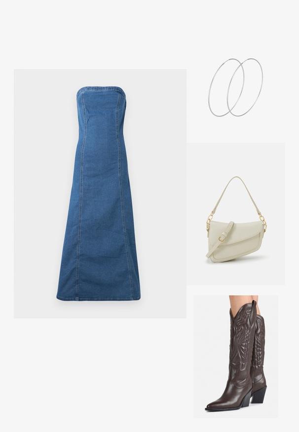 Traper haljina bez naramenica u srednje plavoj boji s ravnim siluetom, koja ima vidljive šavove i glatku teksturu.; Smeđe kožne kauboj čizme s šiljastim vrhom i blok-potpeticom, s detaljno izvezenim šavovima i uzdignutim naglascima na okovu.; Mala krem torbica s teksturiranim finišom, dugačkim podesivim remenom, lančanim detaljem i preklopom. Zlaćani hardver.; Srebrne okrugle naušnice s minimalističkim dizajnom. Kružni oblik, glatka tekstura i tanak profil. Lagane s poliranim završetkom.