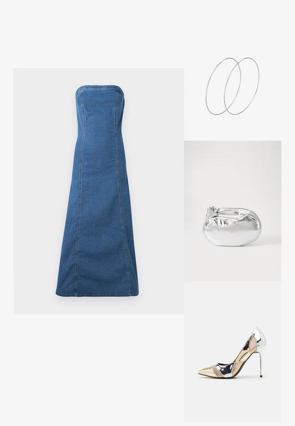 Vidēji zilas džinsa bezplecu kleitas taisns siluets, ar redzamām šuvēm un gludu tekstūru.; Apspīlēta augstpapēžu kurpe ar zeltītu, sudrabi un neitrālu krāsu kombināciju. Spīguļojoša virsma ar izgriezuma dizainu, aprīkota ar stiletto papēdi.; Sudraba metāliska poga somiņa ar mīkstu, noapaļotu formu un mezgla augšējo aizdari. Izgatavota no gludas mākslīgās ādas materiāla.; Sudraba gredzenveida auskari ar minimālistisku dizainu. Cirkulāra forma, gluda tekstūra un plāns profils. Vieglu svaru ar spīdīgu apdari.