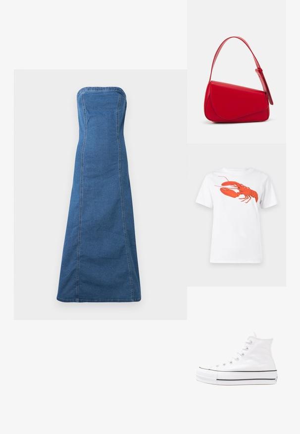 Vestido de ganga sem alças em azul médio com uma silhueta direita, apresentando costuras visíveis e uma textura suave.; Camiseta de algodão branca com um grande gráfico de lagosta vermelha brilhante na frente. Mangas curtas e design de gola redonda padrão.; Sapatilha alta de tela branca com sola de borracha preta, bico de borracha na frente e seis ilhós para os atacadores, apresentando um design limpo e minimalista.; Bolsa de mão em couro vermelho com um design angular e geométrico. Apresenta uma única alça ajustável e um fecho com aba, com detalhes cosidos.