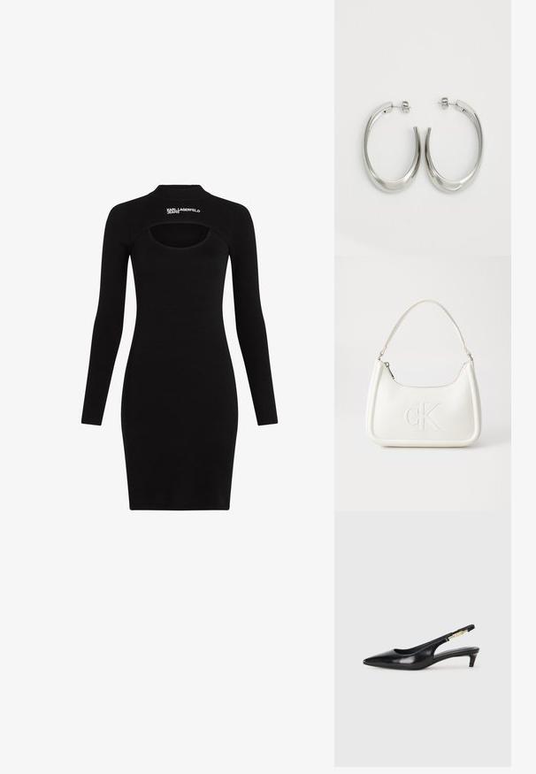 Black ribbed sweater dress with long sleeves, form-fitting silhouette, round neck, and a cut-out detail at the back featuring logo accent.; Black leather slingback heels with a pointed toe, featuring a slim heel and a gold-tone accent on the adjustable strap. Smooth texture.; White leather handbag with a curved shape, featuring an embossed "CK" logo on the front and a single shoulder strap. Zipper closure at top.; Silver hoop earrings with a smooth, curved design. Features a shiny metallic finish and stud closure. No visible patterns or accents.