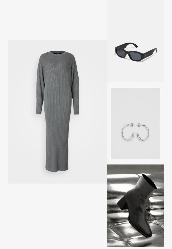Siva pletena obleka z rebrastim vzorcem, dolgi rokavi, okrogla izreza, oprijet kroj, midi dolžina, teksturirana tkanina z navpičnimi črtami.; Črne gležnjarje iz sijočega materiala s kvadratnim prstom in zoženim peto, postavljene na sijoče srebrno oblazinjeno ozadje.; Črne sončne očala s pravokotnimi okvirji, mat površino, temnimi lečami in rahlo ukrivljenimi ročaji. Diskretna logotipna oznaka na enem ročaju.; Srebrne uhančke v obliki obroča z gladko, sijočo površino, ukrivljene oblike in zapiranjem na zatič. Minimalistična zasnova z modernim zaključkom.