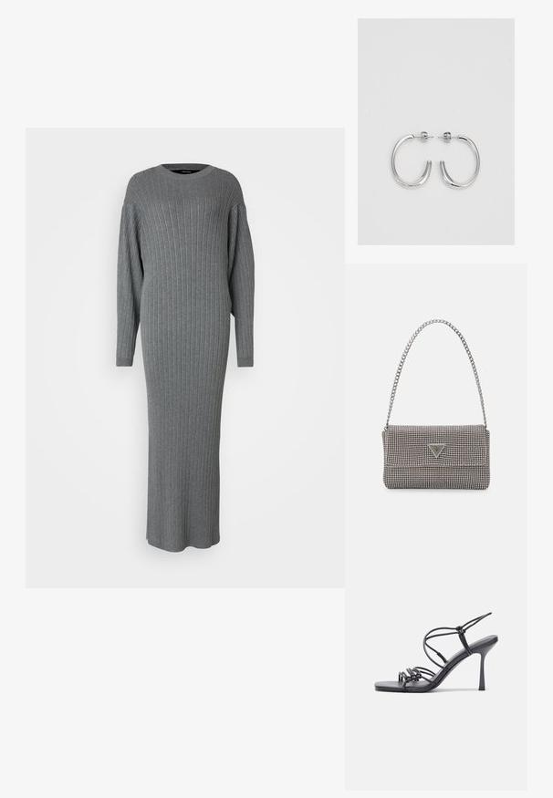 Rochie tricotată gri, cu maneci lungi, decolteu rotund, siluetă ajustată, lungime midi, țesătură texturată cu linii verticale.; Sandale negre cu toc înalt au curele subțiri cu un design legat, un vârf pătrat neted și un toc stiletto elegant.; Geantă metalică gri deschis, cu un strap din lanț, decorată cu mici ținte circulare metalice și un logo de marcă triangular.; Cercei creole din argint cu suprafață netedă și lucioasă, având o formă curbată și închidere cu tija. Design minimalist cu un finisaj modern.