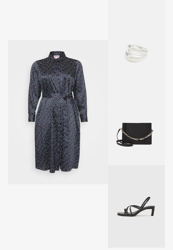 Tamsiai mėlynas marškinėlių suknelė su baltais ir raudonais taškeliais. Turi apykaklę, ilgas rankoves, diržą juosmenyje ir lygią, blizgią medžiagos paviršių.; Juodi šlepetės su kvadratiniu pirštu ir žemu bloku kulnu. Yra keli ploni dirželiai ir reguliuojamas kulkšnies diržas. Pagaminti iš lygios odos.; Juodas odinis per petį nešiojamas krepšys turi lygų paviršių, stačiakampio formą ir metalinę grandinėlę priekyje. Pridedama reguliuojama dirželis.; Sidabrinis dvigubas žiedas su lygiu, poliruotu paviršiumi. Pasižymi sklandžiu, kreiptu dizainu su persipinančiomis dalimis, suteikiančiomis modernų išvaizdą.