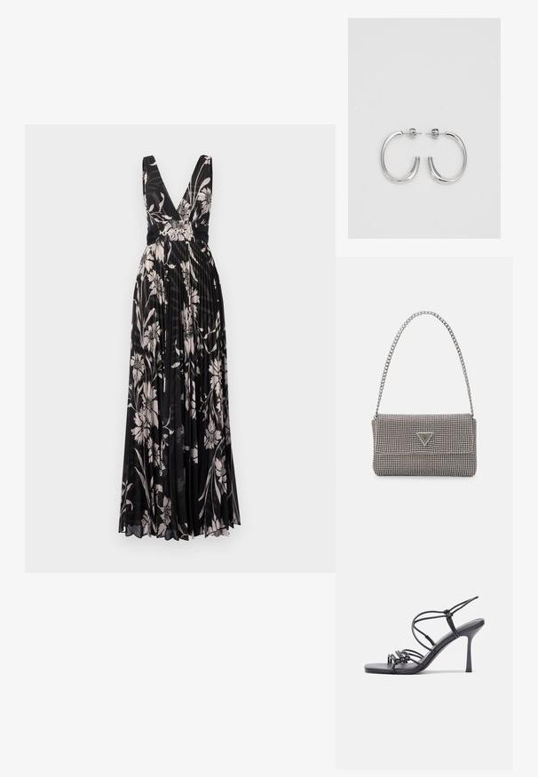 Fekete virágmintás maxi ruha mély V-kivágással, plisszírozott anyaggal és hozzáillő derekkal. Krém és lágy rózsaszín árnyalatokban pompázó, finom virágminták jellemzik.; Fekete magas sarkú szandálok vékony pántokkal, csomózott mintával, sima négyzetes orral és karcsú stiletto sarkal rendelkeznek.; Világosszürke fémes kézitáska lánc pánttal, kis kör alakú fém kifinomult díszítéssel és háromszög alakú márkagéppel.; Ezüst karika fülbevalók sima, fényes felülettel. Lekerekített forma, könnyű kialakítással, tűs zárómechanizmussal.