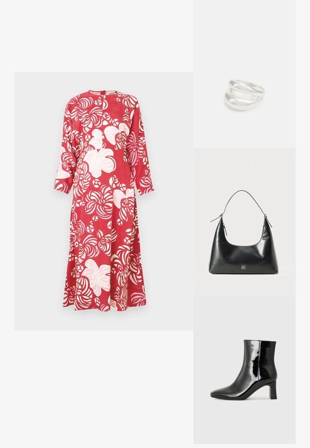 Abito rosso a maniche lunghe, con motivo a vortice bianco. Realizzato in tessuto liscio, presenta una scollatura arrotondata e una cerniera posteriore.; Stivaletto in pelle verniciata nera con punta a punta e tacco a blocco di altezza media. Texture liscia e design minimalista.; Borsa a spalla in pelle nera liscia con parte superiore curva, tracolla singola, chiusura con zip e piccolo logo in argento al centro frontale.; Anello doppio in argento con superficie liscia e lucida. Presenta un design fluido e curvo con sezioni sovrapposte per un aspetto moderno.
