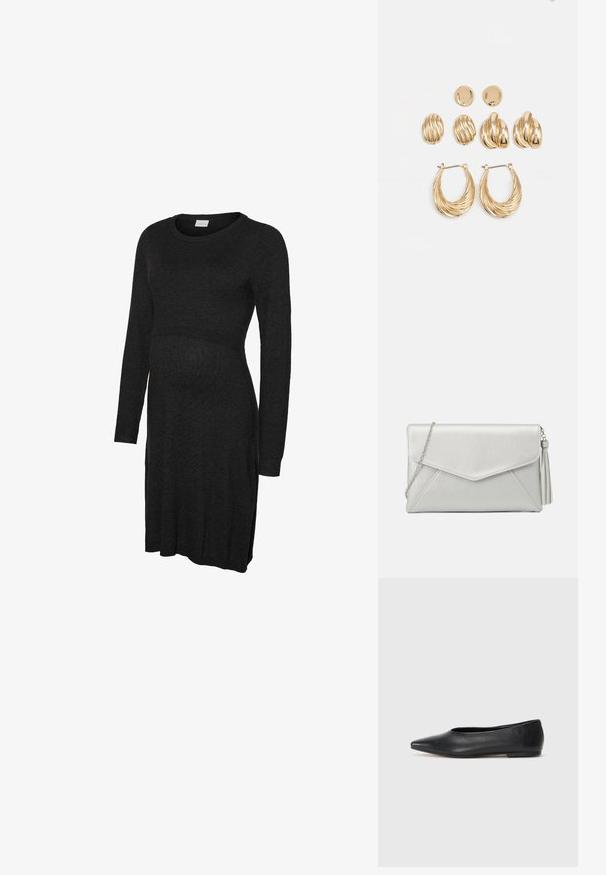 Vestido de maternidade preto de manga comprida feito de tecido macio, com decote redondo e cintura suavemente ajustada para acomodar a barriga em crescimento.; Bailarina de couro preto, bico fino, design minimalista, textura suave, salto baixo, sem hardware ou embelezamentos visíveis.; Clutch bag de pele sintética prateada com um design em envelope, alça de corrente e um detalhe de pompom de um lado, apresentando costuras angulares.; Conjunto de brincos em tom dourado composto por três pares: brincos de botão ovais texturizados, brincos de design ondulado e grandes brincos em argola com camadas em relevo.