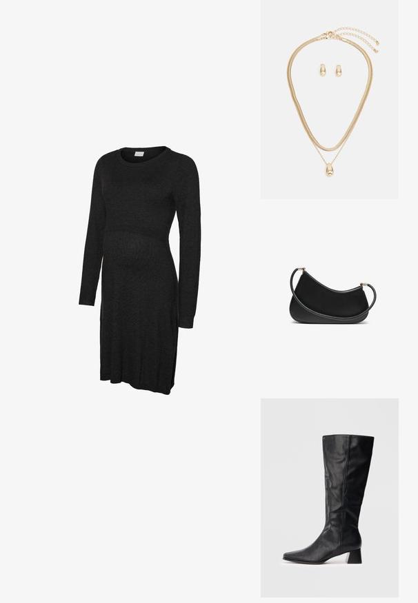 Svart langermet graviditetskjole laget av mykt stoff, med rund hals og en lett innsvingt midje som gir plass til en voksende mage.; Svart lærstøvel til midt på leggen med spiss tå og blokkhels på enkel lys bakgrunn.; Svart lær skulderveske med en buet design, med en teksturert stropp og gullfarget hardware på toppen av lukningen. Glatt finish.; Gullfarget smykkssett med et lagdelt halskjede med en tåreformet anheng og matchende stikkere, alt i en polert finish.