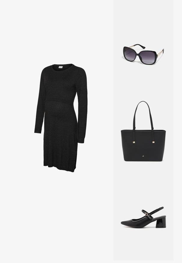 Černé těhotenské šaty s dlouhým rukávem z jemné látky, s kulatým výstřihem a jemně zužujícím se pasem, který pojme rostoucí bříško.; Černé lakované lodičky s otevřenou patou, špičatou špičkou, zaobleným střihem a blokovým podpatkem. Zdobené akcentem v zlatém tónu.; Černé oversized sluneční brýle se gradientními skly, silnými rámy a zlatými řetízkovými detaily na nožičkách.; Černá taška přes rameno vyrobená z umělého materiálu, s jednoduchým obdélníkovým designem, zlatými čtvercovými akcenty a dvojitými uchy.