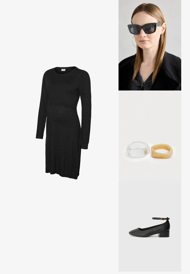 Vestido de maternidade preto de manga comprida feito de tecido macio, com decote redondo e cintura suavemente ajustada para acomodar a barriga em crescimento.; Sandal de pele preta com bico pontiagudo e um salto bloco baixo. Apresenta uma tira no tornozelo com uma fivela em tom dourado. Textura suave.; Óculos de sol pretos em formato de gato com lentes escuras, armações grossas e acentos subtis. Usados com um casaco preto e uma blusa cinza, apresentando cabelo longo e liso.; Anéis de resina clara e âmbar, um liso e transparente, o outro com um acabamento texturizado em âmbar. Ambos apresentam designs arredondados e robustos.