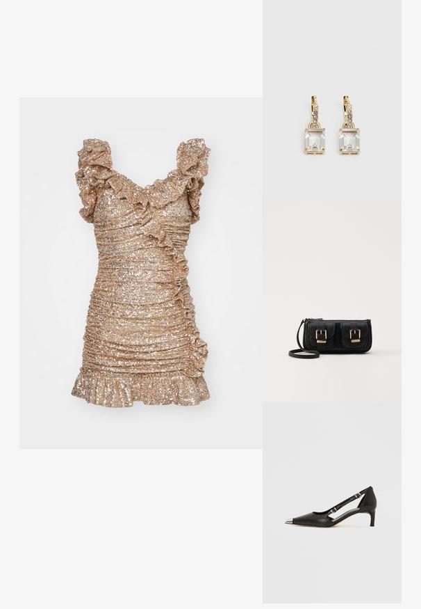 Rochie scurtă, ajustată, din țesătură metalică de aur cu mărgele, având bretele cu volane și o textură plisată pe întreaga suprafață.; Pantof de damă din piele neagră cu toc kitten, vârf ascuțit argintiu și două curele cu cataramă, pe fundal alb.; Geantă neagră din piele, tip crossbody, cu două buzunare frontale, catarame aurii, închidere cu fermoar și o curea subțire. Suprafață texturată și formă rectangulară compactă.; Cercei aurii care prezintă un cristal clar, rectangular, suspendat sub un rând de accente mici, rotunde, clare. Design elegant și modern.