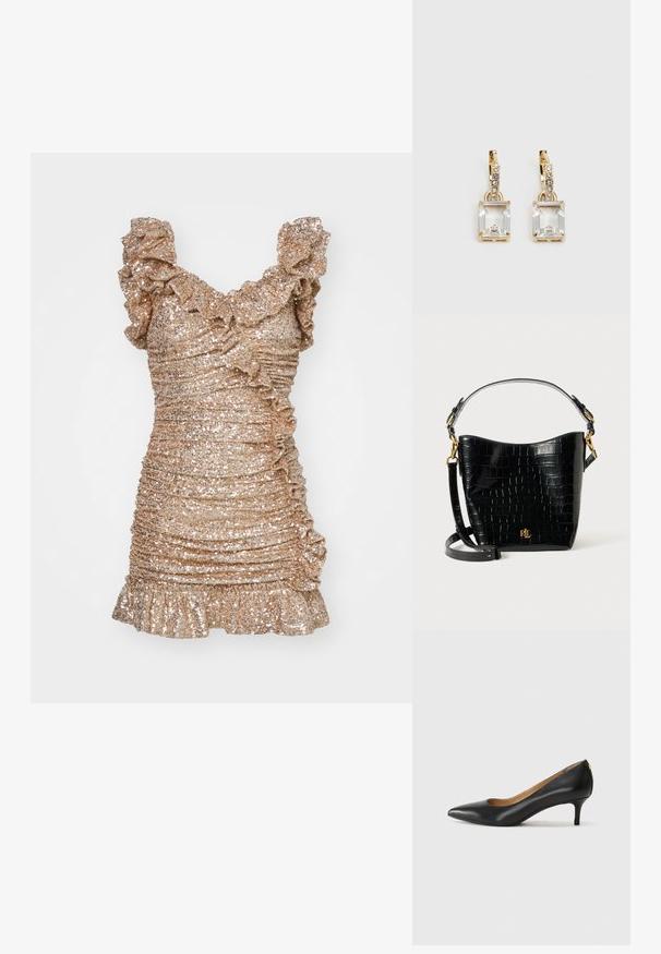 Robe courte et ajustée en tissu doré métallisé avec des sequins, dotée de bretelles à volants et d'une texture froncée sur l'ensemble.; Pompe noire en cuir avec un embout pointu, un petit talon et une texture lisse. Présente une légère ouverture à l'avant et un matériel minimal à l'arrière.; Sac en cuir noir à motif crocodile, de forme courbée, avec des accents en métal doré, une bandoulière ajustable et un détail de logo à l'avant.; Boucles d'oreilles en or lumineux avec un cristal rectangulaire transparent pendent sous une rangée de petits accents ronds transparents. Design élégant et moderne.