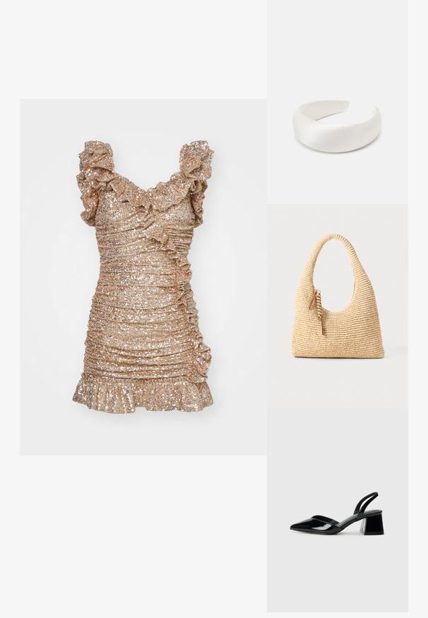 Kort, tætsiddende kjole i metallisk guldstof med palietter, der har voluminøse skulderstropper og en samlet struktur. ; Sorte patentlæder slingback hæle med spids tå og en geometrisk blok hæl. Har et elegant, minimalistisk design og en glat tekstur.; Vævet beige håndtaske med et buet håndtag, struktureret overflade og en brun frynse detalje. Har en afslappet, hobo-form.; Loeffler Randall BELLAMY OVERSIZE HEADBAND - Hårstyling-accessories - cream