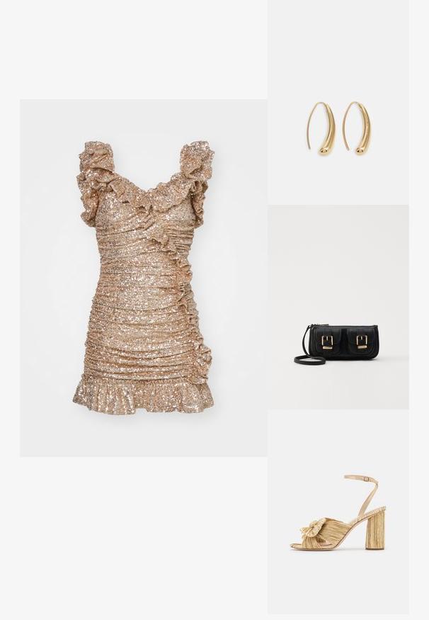 Robe courte et ajustée en tissu doré métallisé avec des sequins, dotée de bretelles à volants et d'une texture froncée sur l'ensemble.; Sandales dorées à talons avec un devant noué, texture plissée et une bride de cheville. Le talon carré a un design strié, améliorant l'adhérence.; Sac en cuir noir porté en travers avec deux poches avant, boucles dorées, fermeture zippée et une sangle fine. Surface texturée et forme rectangulaire compacte.; Boucles d'oreilles en métal doré en forme d'anneau, avec une forme courbée et allongée. Elles présentent une surface lisse et brillante avec une pointe arrondie pour un détail supplémentaire.