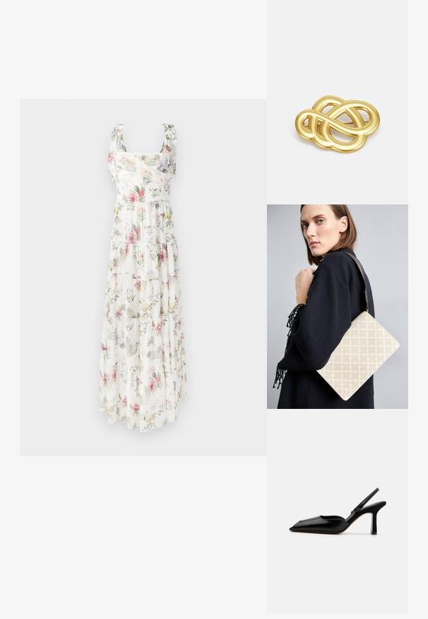 Květnatý maxi šaty vyrobené z lehké látky. Mají čtvercový výstřih, nastavitelné zavazovací ramínka a stupňovitou, splývavou siluetu v pastelových barvách.; Černé kožené slingback podpatky s špičatou špičkou, minimalistický design, tenký popruh kolem kotníku a štíhlý jehlový podpatek. Hladká textura.; Beige vzorovaná kabelka přes rameno se strukturovaným tvarem, obsahující hnědý texturovaný popruh. Nosená modelem na šedém pozadí.; Brož ve zlatém tónu s uzlovým vzorem, hladkými zakřivenými liniemi a složitým tvarem, odrážející lesklý povrch.