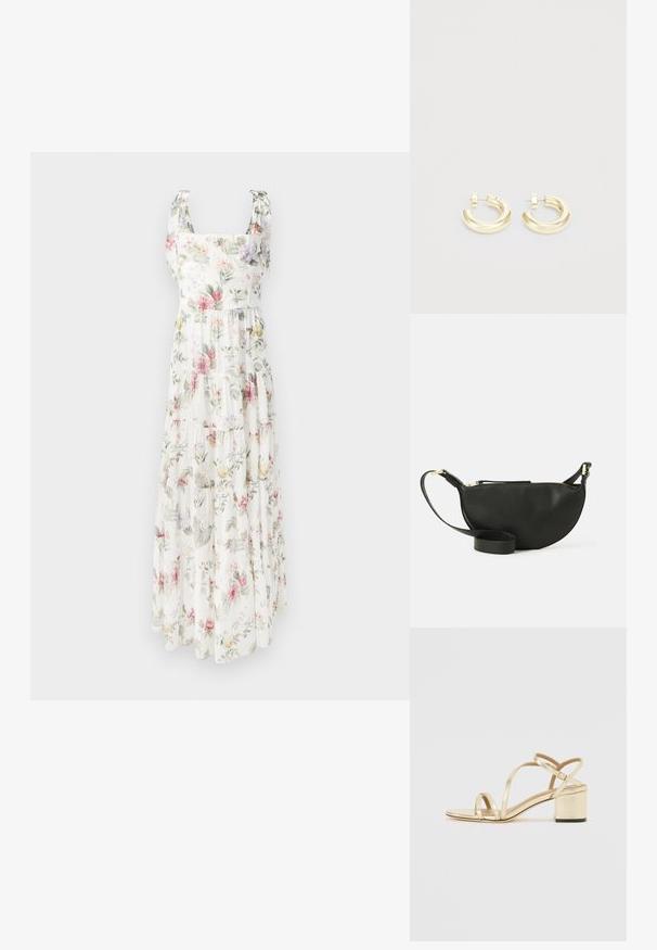 Kwiatowa sukienka maxi wykonana z lekkiego materiału. Posiada kwadratowy dekolt, regulowane ramiączka oraz warstwowy, zwiewny krój w pastelowych kolorach.; Złote metaliczne sandały z otwartym palcem, krzyżującymi się paskami i blokowym obcasem. Gładka tekstura z błyszczącym wykończeniem i minimalistyczny design.; Czarna skórzana torba na ramię w kształcie półksiężyca, o teksturowanej powierzchni, ze złotym zamkiem błyskawicznym i płaskim paskiem. Kompaktowy design odpowiedni na najważniejsze rzeczy.; Złote kolczyki w kształcie kół z gładkim, wypolerowanym wykończeniem. Charakteryzują się zakrzywionym kształtem oraz małym akcentem przy słupku dla dodatkowego detalu.