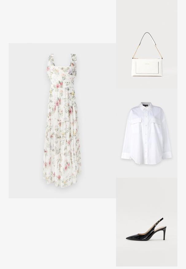 Virágmintás maxi ruha könnyű anyagból. Szögletes dekoltázzsal, állítható megkötős vállpántokkal és rétegesen áramló siluettel, pasztell színekben.; Fehér gombos ing, pamutból készült, klasszikus gallérral, két mellzsebével és hosszú ujjaival, amelyek mandzsettával rendelkeznek. Sima textúra.; Fekete lakk bőr kötött magassarkú cipő, hegyes orral és karcsú sarokkal, finom kivágásos dizájnnal. Az övön arany csatt található.; Fehér bőr kézitáska, texturált felülettel, arany lánccal és fekete részletekkel. Elülső zsebbel és cipzáros zárással rendelkezik.