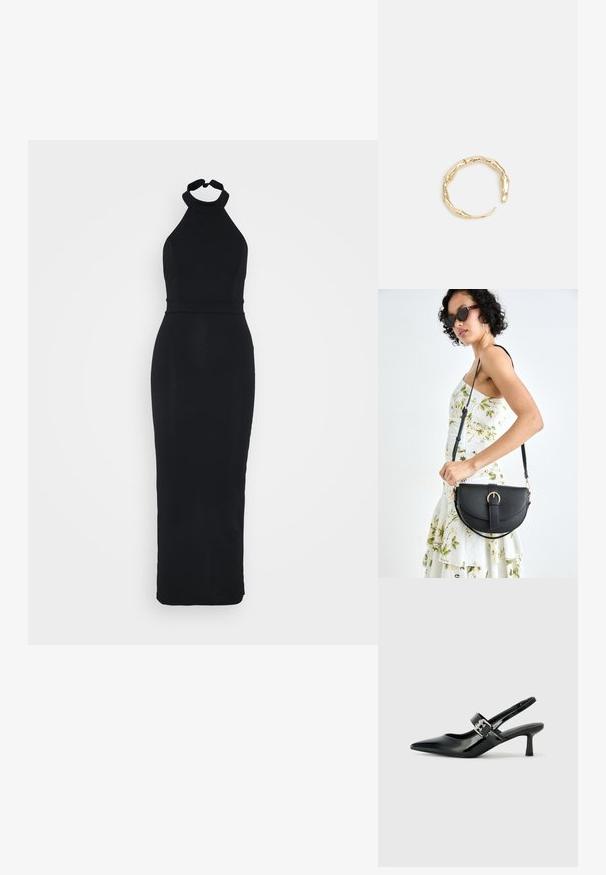Juodas suknelė su halteriu, prigludusia liemene ir elegantiška, iki žemės besidriekianti sijonu. Pagaminta iš lygaus audinio su subtiliu blizgesiu.; Juodai lakuoti slingback aukštakulniai su smailiu kojų pirštu ir mažais blokiniais kulniukais, su sidabro sagtimi ant dirželio.; Juodas odinis krepšys su išlenkta forma, nuimamu dirželiu ir auksiniais detalėmis. Krepšys turi kilpą su sagtimi.; Auksinės spalvos žiedas, turintis organišką, sukimosi dizainą su lygiu paviršiumi ir siaurėjančiais galais, sukuriantis modernią skulptūrinę išvaizdą.
