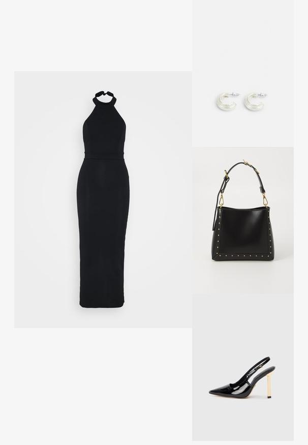 Melnā halter tipu kleita ar pieguļošu augšdaļu un elegantu, grīdas garumu svārku. Izgatavota no gluda auduma ar vieglu spīdumu.; Melna lakota ādas siksna ar augstu papēdi un smailu purngalu ar zelta krāsas kvadrātveida papēža akcentu. Aprīkots ar regulējamu potītes siksniņu.; Melnas ādas rokassoma ar strukturētu formu, ar zeltītu naglām pa malām un noņemamu siksniņu ar zelta furnitūru.; Sudraba toņa auskari ar savīti gredzenu dizainu, ar teksturētu virsmu un ribotu apdari, nostiprināti ar stieples aizdari.