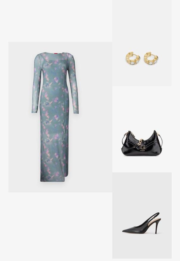 Dlouhé rukávy, upnuté šaty z průhledné tyrkysové látky s květinovým vzorem v růžové a fialové. Mají kulatý výstřih a boční švy.; Černá kožená slingback lodička na vysokém podpatku s špičatou špičkou, hladkým povrchem a jemným páskem se metalickou sponou.; Lístkový kabelka z černého lakovaného kůže s klenutým designem, zlatými kovovými doplňky a výrazným logem. Obsahuje odnímatelný popruh na rameno.; Zlaté kruhové náušnice s texturovaným designem a třemi jasnými krystalovými akcenty na jedné straně, které nabízejí moderní geometrickou estetiku.