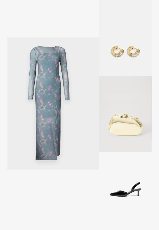 Vestido justo de mangas longas em tecido transparente teal com um padrão floral em rosa e roxo. Apresenta um decote arredondado e costuras laterais.; Sapatilhas de salto slingback em couro sintético preto com bico fino, salto stiletto baixo e um design elegante e simples, sem embellishments.; Clutch metálico dourado com uma forma suave e arredondada, apresentando um fecho de botão superior e uma pequena alça em corrente para transporte.; Brincos de argola dourados com um design texturizado e três cristais transparentes em um lado, oferecendo uma estética geométrica moderna.