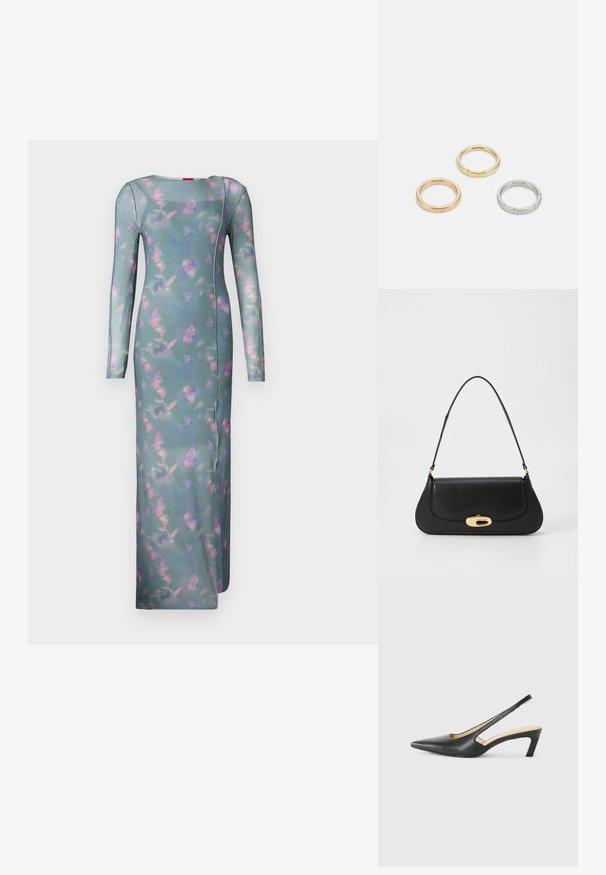 Langærmet, tætsiddende kjole i transparent teal-stof med et blomster mønster i pink og lilla. Har en rund halsudskæring og sidesømmer.; Sorte spidse slingback-sko med en lav hæl, lavet af glat læder og med udskæringer på siden for åndbarhed.; Sort læderhåndtaske med et buet design, guldfarvet hardware og en øverste håndtag. Har en strømlinet lukning og en glat tekstur.; Tre metalringe: en i rosaguld, en guld med strukturerede detaljer og en i sølv, alle med indgraveret branding på den indre ring.