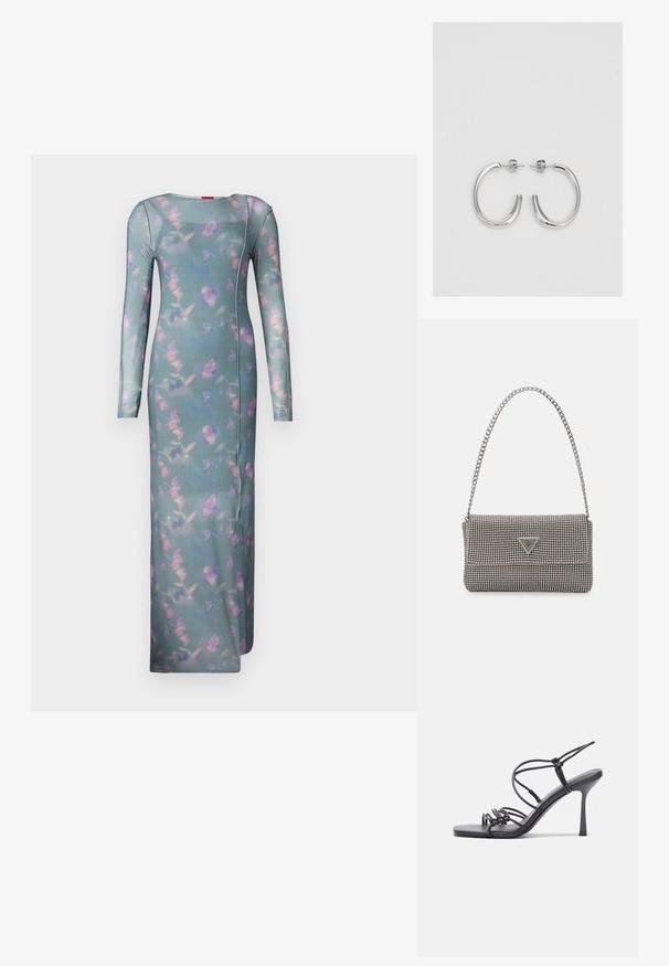 Robe ajustée à manches longues en tissu transparent couleur sarcelle avec un motif floral rose et violet. Présente un col rond et des coutures latérales.; Des sandales noires à talons hauts avec des fines lanières au design noué, un bout carré lisse et un talon aiguille élégant.; Sac à main en métal gris clair avec une bandoulière en chaîne, orné de petits clous métalliques ronds et d'un logo de marque triangulaire.; Boucles d'oreilles en argent avec une finition lisse et brillante. Forme arrondie, conception légère, avec un fermoir à tige.
