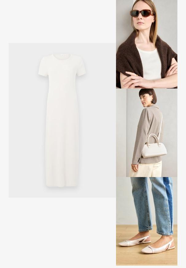 Bēša krāsas kleita ar īsām piedurknēm, ceļa garumā, izgatavota no mīksta kokvilnas auduma. Raksturo apaļa kakla izgriezuma un vienkāršas, taisnas silueta dizains.; Bālti rozā siksniņu dzīvokļi ar smailu purngalu, izgatavoti no gludas ādas līdzīgās materiāla. Iezīmē izgriezumu detaļas sānos un platu papēdi.; Brūni torteļa saulesbrilles ar leņķainiem rāmiem, tumšiem stikliem un metāla akcentiem. Valkātas ar krēmveida augšu un tumšu šalli.; Balta strukturēta roku soma ar īsām rokturiem un plecu siksnu, ar zelta aparatūras akcentiem un strukturētu materiālu, izstādīta uz pelēka fona.