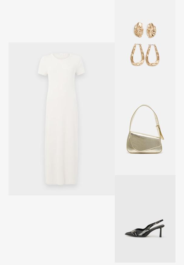 Bēša krāsas kleita ar īsām piedurknēm, ceļa garumā, izgatavota no mīksta kokvilnas auduma. Raksturo apaļa kakla izgriezuma un vienkāršas, taisnas silueta dizains.; Melnā patentēta ādas sandale ar norādītu purngalu, potītes siksniņām ar sudraba sprādzēm un aparatūru, kā arī smalku papēdi.; Zelta metāla somiņa ar strukturētu dizainu, gludu tekstūru un regulējamu siksniņu. Iezīmējas ar unikālu trīsstūrveida formu un minimālistisku šuvumu.; Zelta krāsas auskari ar teksturētām, viļņotām formām. Iekļauts skulpturāls piespraužams modelis un atvērta gredzenveida konstrukcija ar izsistām virsmām.