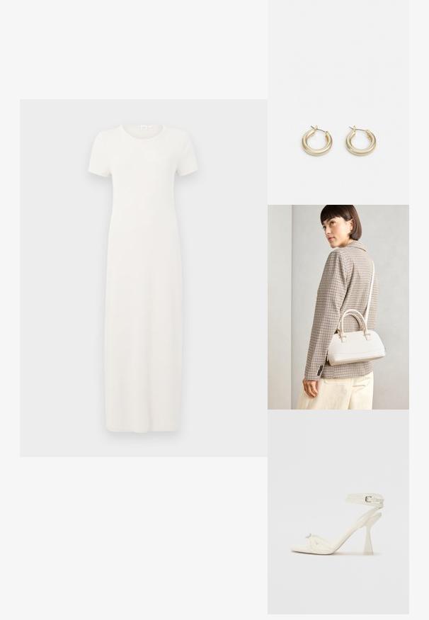 Rochie bej, cu mâneci scurte, lungime până la genunchi, confecționată dintr-un material moale de bumbac. Are decolteu rotund și o siluetă simplă, dreaptă.; Sandalele cu toc înalt, cu bretele, din piele albă, cu un design elegant, toc transparent și un element decorativ la vârf.; Geantă structurată albă, cu mânere scurte și curea de umăr, având accente din metal aurit și material texturat, expusă pe un fundal gri.; Lauren Ralph Lauren BASIC SMALL HOOP - Cercei - gold-coloured