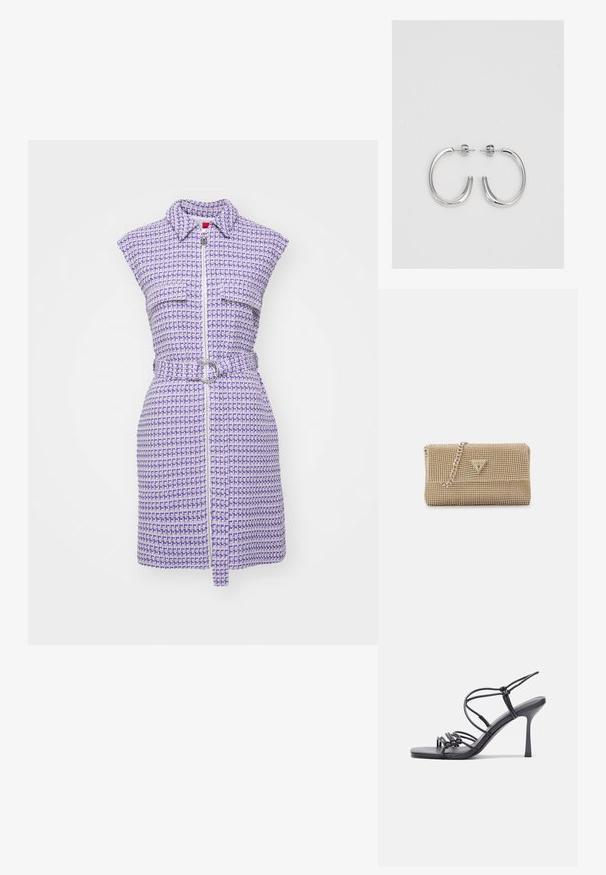 HUGO KERIDE - Kasdienė suknelė - open miscellaneous; Juodos aukštakulnės sandalai pasižymi plonyčiais dirželiais su mazgo dizainu, lygiu kvadratiniu pirštu ir elegantišku stiletto kulnu.; Auksinė rankinė su sudėtinga karoliukų tekstūra, trikampio formos logotipo akcentu ir metaliniu grandininiu diržu. Stačiakampio forma, elegantiškas dizainas.; Sidabriniai lankelio formos auskarai su lygiu, blizgiu paviršiumi, išlenktos formos ir su užsegimu. Minimalistinio dizaino su moderniu apdaila.