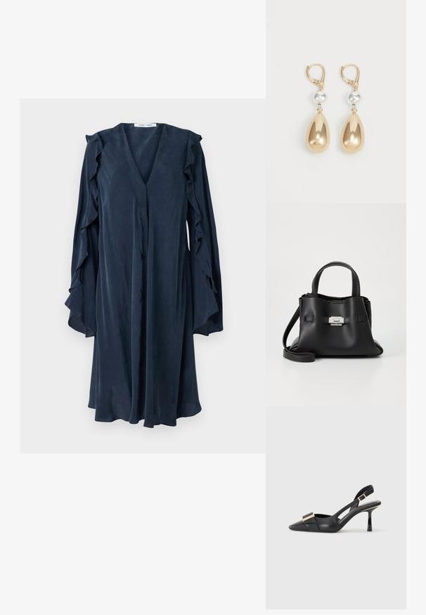 Námornícky modré šaty s V-výstrihom a volánovými rukávmi. Vyrobené z ľahkého materiálu, s štyrmi gombíkmi a splývavým strihom.; Čierne kožené slingback topánky s špicatou špičkou, štíhlym podpätkom a akcentom zlatého tónu na priehlavku. Hladká textúra a štruktúrovaný dizajn.; Čierna kožená kabelka s textúrovaným povrchom, ktorá má dve vrchné rukoväte, odnímateľný popruh cez rameno a strieborný uzáver.; Zlaté visací náušnice v tvare slzy, s lesklým kovovým povrchom a striebornou korálkou ako akcentom.