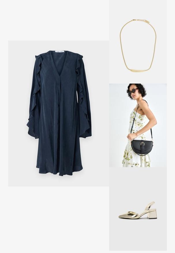 Temno modra obleka z V-izrezom inn nabranimi rokavi. Narejena iz lahkega materiala, vsebuje štiri gumbe in ima ohlapen kroj.; Zlati, kovinski slingback čeveljci z ostrim nosom in masivnim peto. Gladka tekstura, minimalistična zasnova in ozka zanka.; Črna usnjena torbica s ukrivljeno obliko, z odstranljivo naramnico in zlatimi dodatki. Torbica ima pokrov s podrobnostmi v obliki zaponke.; Zlatom pozlačen ogrlica z gladkim, ukrivljenim osrednjim poudarkom. Ima fleksibilno verigo z ježkom in dodatne prilagodljive verižice.