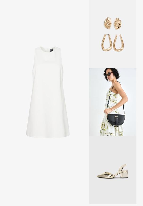 Balta berankovė suknelė su apvaliu iškirpimu, A formos siluetas, lygus paviršius ir paslėptas užtrauktukas nugaroje. Paprastas ir minimalistinis dizainas.; Auksiniai, metaliniai slingback aukštakulniai bateliai su smailiu pirštu ir masyviu kulnu. Lygus paviršius, minimalizmo dizainas ir siaura juostelė.; Juodas odinis krepšys su išlenkta forma, nuimamu dirželiu ir auksiniais detalėmis. Krepšys turi kilpą su sagtimi.; Auksinės auskarai, turintys tekstūruotus, bangų formos elementus. Įeina skulptūriniai segami auskarai ir atviri lankai su išmuštu paviršiumi.