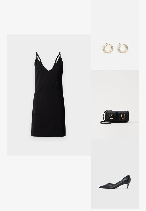 Schwarzes ärmelloses Kleid mit V-Ausschnitt, aus weichem Stoff, mit dekorativen, beaded Stern-Applikationen auf der Vorderseite.; Schwarzer Pumps aus Leder mit spitzer Zehenpartie und niedrigem Absatz. Verfügt über eine glatte Textur und dezenten Glanz. Vordere Öffnung für ein zusätzliches Detail.; Schwarze Leder-Umhängetasche mit zwei vorderen Taschen, goldenen Schnallen, Reißverschluss und einem schmalen Tragegurt. Texturierte Oberfläche und kompakte rechteckige Form.; Lauren Ralph Lauren BASIC SMALL HOOP - Ohrringe - gold-coloured
