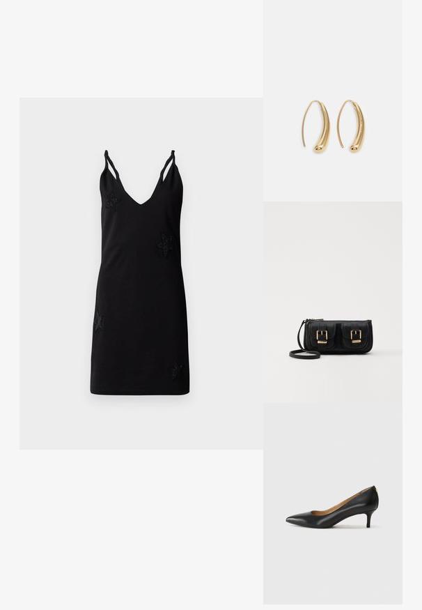 Crna haljina bez rukava s V-izrezom, napravljena od mekanog materijala, s dekorativnim aplikacijama od perlica u obliku zvijezda na prednjem dijelu.; Crne kožne cipele s uskim vrhom, niskom petom i glatkom teksturom. Imaju blago otvaranje sprijeda i minimalne metalne detalje straga.; Crna kožna torba preko ramena s dva prednja džepa, zlatnim kopčama, zatvaranjem na zip i uskim remenom. Teksturirana površina i kompaktan pravokutan oblik.; Zlatne metalne naušnice u obliku obruča s zakrivljenim, izduženim oblikom. Imaju glatku, sjajnu površinu i zaobljeni vrh za dodatni detalj.