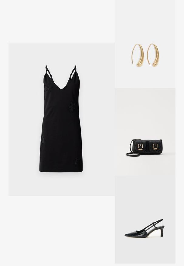 Černé bezramínkové šaty s výstřihem do V, vyrobené z měkké látky, s dekorativními vyšívanými hvězdicovými aplikacemi na přední straně.; Černé lakované slingback podpatky s špičatou špičkou, zdobené texturovaným hadím vzorem, nastavovacím páskem a krátkým texturovaným blokovým podpatkem.; Černá kožená crossbody taška se dvěma předními kapsami, zlatými přezkami, zipovým uzávěrem a štíhlým popruhem. Texturovaný povrch a kompaktní obdélníkový tvar.; Náušnice ve tvaru kruhu z pozlaceného kovu s vroubkovaným, prodlouženým tvarem. Mají hladký, lesklý povrch a zaoblený konec pro zvýraznění detailu.