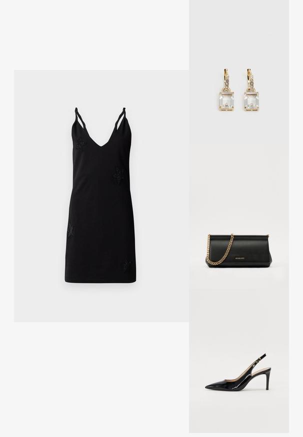 Crna haljina bez rukava s V-izrezom, napravljena od mekanog materijala, s dekorativnim aplikacijama od perlica u obliku zvijezda na prednjem dijelu.; Crne lakirane slingback cipele s oštrim vrhom, uskim potpeticama i suptilnim izrezom. Sadrže zlatnu kopču na traku.; Crna kožna torbica sa zlatnim lančićem, koja se odlikuje glatkom teksturom, pravokutnim oblikom i utisnutim brendom na prednjoj strani.; Zlatne naušnice s pravokutnim, prozirnim kristalom koji visi ispod niza malih, okruglih prozirnih akcenata. Elegantni, moderni dizajn.