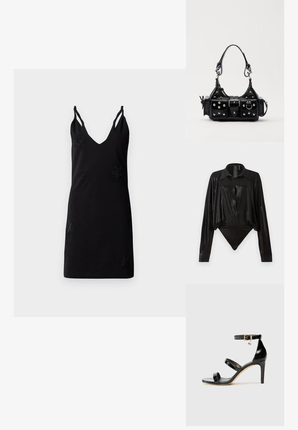 Zwarte mouwloze jurk met een V-hals, gemaakt van zachte stof, met decoratieve geborduurde sterapplicaties aan de voorkant.; Zwarte body met lange mouwen, V-hals en een aansluitende silhouet. Gemaakt van glanzende, gladde stof met een gestructureerde kraag en manchetten.; Zwarte gepatineerde leren sandaal met drie banden, enkelgesp en 10 cm hoge stiletto hak. Bevat gouden hardwaredetails en een logo charm.; Zwarte lederen handtas met een gebogen ontwerp, voorzien van zilveren studs, een gesp en twee zijvakken. Verstelbare schouderband voor verschillende draagmogelijkheden.