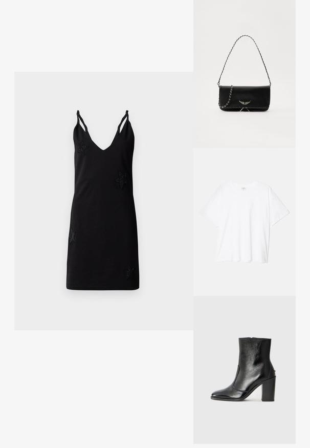 Czarna sukienka bez rękawów z dekoltem w kształcie litery V, wykonana z miękkiego materiału, z dekoracyjnymi aplikacjami w kształcie gwiazdek z koralików na przodzie.; Biała bawełniana koszulka z krótkim rękawem, okrągłym dekoltem, luźnym krojem i przeszytym brzegiem. Metka widoczna wewnątrz dekoltu.; Czarne skórzane botki za kostkę o gładkiej fakturze, spiczastym nosku i grubym wysokim obcasie. Posiadają boczne wycięcie i minimalistyczny design.; Czarna skórzana torebka z srebrnym łańcuszkiem, ozdobiona dekoracyjnymi skrzydłami i białym przeszyciem wzdłuż dolnego szwu.