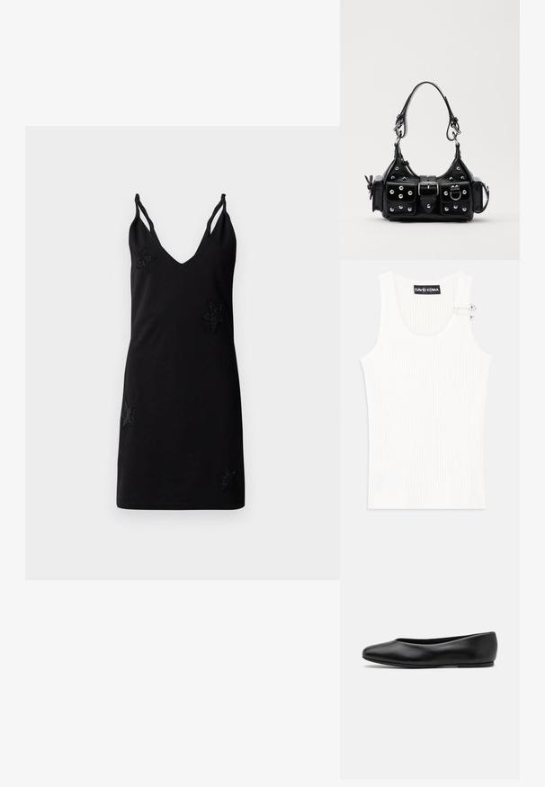Černé bezramínkové šaty s výstřihem do V, vyrobené z měkké látky, s dekorativními vyšívanými hvězdicovými aplikacemi na přední straně.; Bílý žebrovaný tílko s kulatým výstřihem a kovovým detailem na rameni. Měkká textura, přiléhavý střih a bezrukávový styl.; Paul Smith TOPANGA - Klasické baleríny - black; Černá kožená kabelka s křivkovým designem, zdobená stříbrnými hřebíky, s přezkou a dvěma bočními kapsami. Nastavitelný popruh pro různé možnosti nošení.