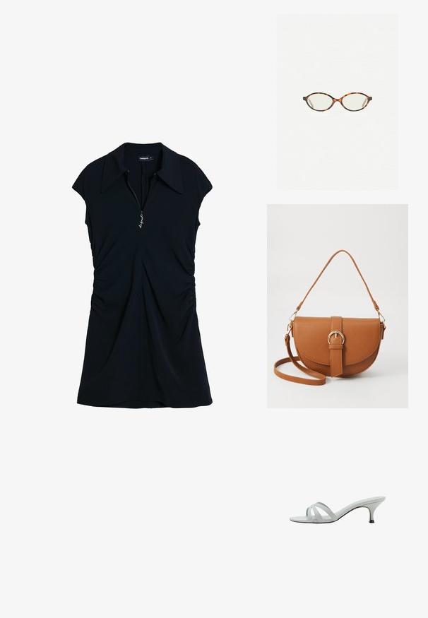 Rochie neagră cu guler clasic, mâneci scurte și fermoar în față. Prezintă detalii plisate pe laterale pentru o siluetă ajustată.; Sandale cu toc gri deschis, cu trei curele încrucișate, un profil subțire și un toc îngust. Textură netedă cu un finisaj ușor lucios.; Ochelari cu ramă din tartan, cu lentile ovale și un finisaj elegant, neted. Prezintă margini subțiri cu o curbură subtilă la tâmple. Lentile clare.; Geantă din piele maro, tip crossbody, cu o formă curbată, accesorii aurii și un accent cu cataramă. Dispune de un curea de umăr detașabilă.