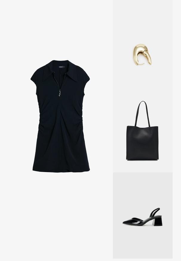 Must have must jooniga klassikaline krae, lühikesed varrukad ja lukuga esiosa. Küljel on volditud detailid, mis loovad istuva silueti.; Mustad musta lakknahk kingad, millel on terav varvas ja geomeetriline plokkkonts. Omab elegantselt minimalistlikku disaini ja sujuvat tekstuuri.; Mustast nahast kott sujuva tekstuuriga, ristkülikukujuline ja kahe pika sangaga. Pole nähtavat riistvara ega kaunistusi.; Kuldtooni metallist kõrvarõngas, millel on elegantne ja kaarjas disain. Omab silmapaistvat teravat kuju, poleeritud pinda ja hingesulgemist.