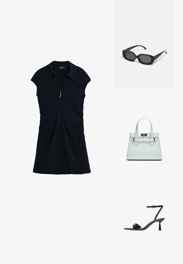 Schwarzes Kleid mit klassischem Kragen, kurzen Ärmeln und Reißverschluss vorne. Verfügt über geraffte Details an den Seiten für eine taillierte Silhouette.; Bershka High Heel Sandalette - black; Schwarze rechteckige Sonnenbrillen mit dunklen Gläsern. Dicke Kunststofffassung, glatte Oberfläche und abgerundete Kanten. Modische Bügel verjüngen sich nach außen.; Helle blaue Handtasche mit strukturiertem Design, zwei Griffen und einem Beschlag aus silberfarbenem Metall. Texturiertes Material und scharfe Ecken.