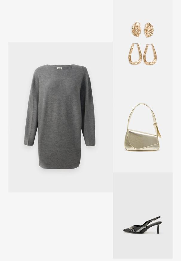 Harmaa, löysälong-sleeve neulepaita, jossa on pyöreä kaula-aukko ja suora helma, esiteltynä valkoista taustaa vasten.; Musta patenttinen nahkainen slingback-kengät, joissa on terävä nenä, nilkkahihnat hopeisilla soljilla ja varusteilla sekä hoikka korko.; Kultainen metallinen käsilaukku, jossa on jämäkkä muotoilu, sileä pinta ja säädettävä olkahihna. Sisältää ainutlaatuisen kolmiomaisen muodon ja minimalistisen tikkaustyylin.; Korukultainen korvakorut, joissa on teksturoituja, aaltoilevia muotoja. Mukana on veistokselliset klipsikorvakorut ja avoin rengasmalli, jossa on vasaroitu pinta.