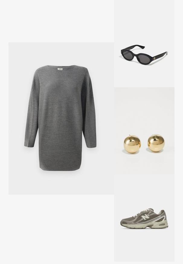 Volný dlouhý rukáv šedý pletený svetr s kulatým výstřihem a rovním lemem, vystavený na bílém pozadí.; Sportovní obuv v šedé a béžové síťovině s texturovaným povrchem, vybavená polstrovanou podrážkou, bílými šňůrkami a reflektivními stříbrnými akcenty.; Černé oválné sluneční brýle s tmavými skly a lesklým plastovým rámem. Obsahují zlaté logo na straně, které poskytuje elegantní a moderní design.; Zlaté kulaté náušnice s hladkým povrchem a malým tácem. Mají jemnou texturu a odrazový povrch.