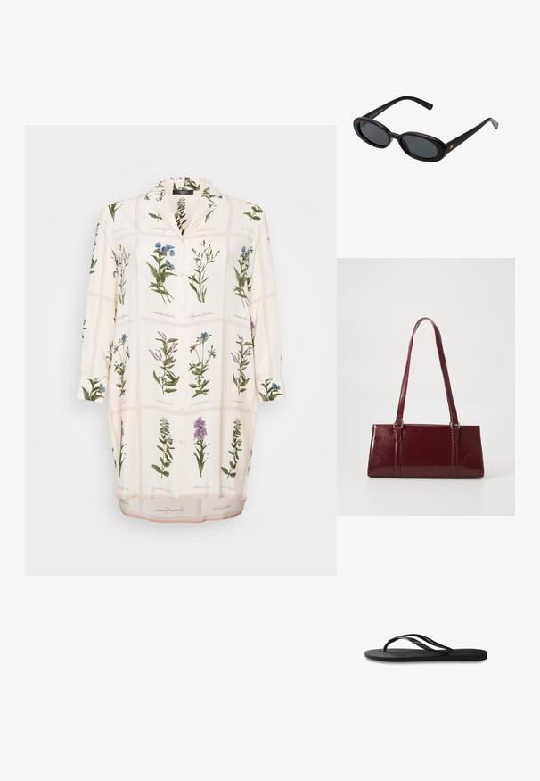 Hvid bluse med et botanisk print i grønne og blå blomster, knaplukning foran, krave og lange ærmer. Glat stof med en let tekstur.; Sorte flip-flop med en tekstureret gummisål, to slanke stropper og et subtilt, præget logodetalje på stroppen.; Store store; Bordeaux håndtaske lavet af glansfuldt materiale, rektangulær form, med to skulderremme og subtile buede detaljer på forsiden.