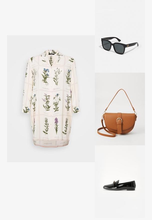 Fehér blúz növényi mintával, zöld és kék virágokkal, gombos elülső résszel, gallérral és hosszú ujjakkal. Simló anyag, könnyű textúrával.; Fekete lakkbőr loaferek lapos talppal, lekerekített orral és díszítő pánttal, amely aranyszínű kiegészítővel rendelkezik. Simára polírozott, fényes felület.; Fekete napszemüveg téglalap alakú lencsékkel, fényes felülettel és arany logóval a szárakon. Sötétszürke lencsék UV-védelmet nyújtanak.; Barna bőr keresztbody táska ívelt formával, aranyszínű fémrészekkel és csat díszítéssel. Levehető vállpánttal rendelkezik.